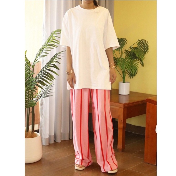 Pink Wide Trousers with Red Stripes Elastic Waist Flowy and Light - Picture 9 of 17